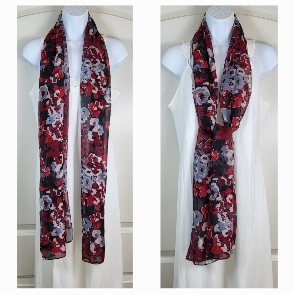 Black, Red and White Floral Print Lightweight Scarf -  70" x 20" - Picture 5 of 8